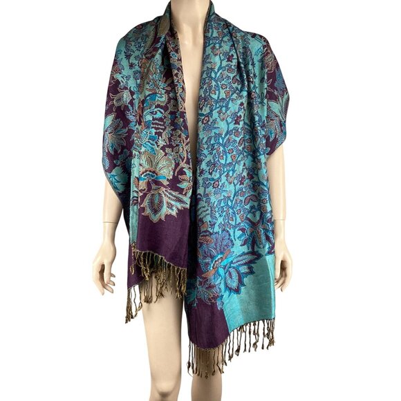 Floral Paisley Cashmere Shawl Scarf Wrap W/ Fringe Turquoise & Purple - Picture 4 of 6